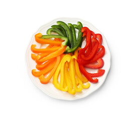 Cut colorful bell peppers isolated on white, top view