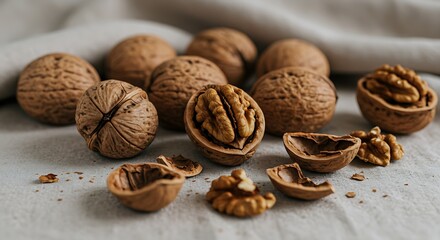 Several cracked walnuts are scattered on a soft beige fabric cloth.