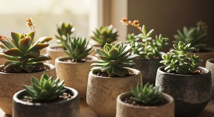 Several small succulent plants in ceramic pots sit on a windowsill.