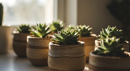 Several small succulent plants in ceramic pots sit on a windowsill.