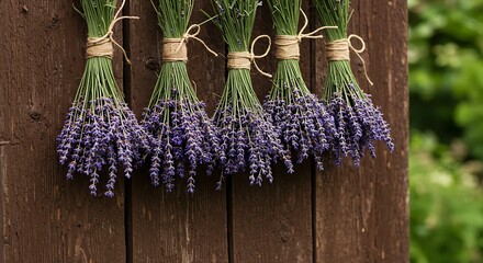 Four bundles of lavender flowers are hanging on a rustic wooden wall.