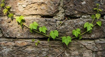 Green vines grow on the rough textured old stone walls. 