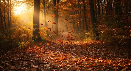 Autumn leaves fall on the silent forest path. 