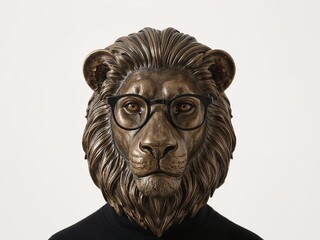 A bronze lion statue wearing glasses and a black turtleneck, centered.