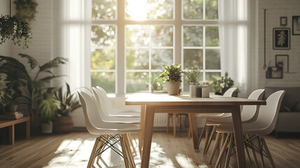 Bright Scandinavian style dining area with soft textiles and plants, creating warm atmosphere