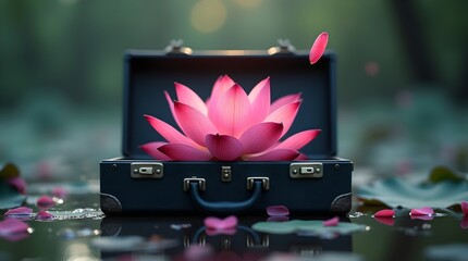 Fototapeta premium Serene Pink Lotus Blossom in Vintage Suitcase Floating on Water, Peaceful Reflection, Spiritual Awakening, Nature Photography