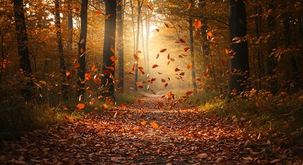 Autumn leaves fall on the silent forest path. 