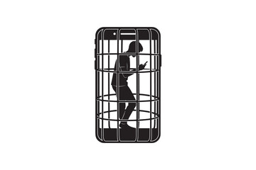 Man Trapped in Phone Cage Illustration - Smartphone Addiction Concept Art
