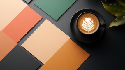 branding mood board with fonts, colors, logo variations, coffee beside