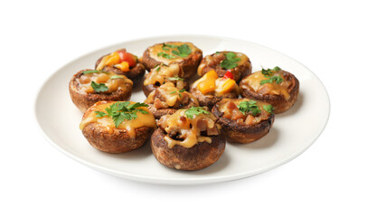 Many tasty stuffed mushrooms isolated on white