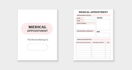 Form template for organizing medical appointments with sections for details, notes, and prescriptions.