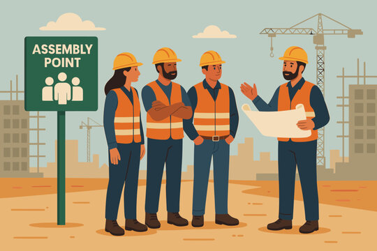 Construction foreman leading a safety briefing with a team of builders. Workers in hard hats at an assembly point discussing a blueprint. Toolbox talk at a building site concept.