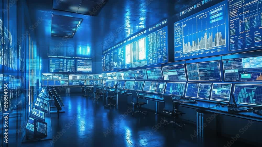 Poster a futuristic control room filled with numerous monitors displaying data, charts, and digital interfa