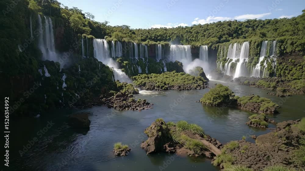 Poster a stunning view of multiple cascading waterfalls surrounded by lush green forest and rocky islands i