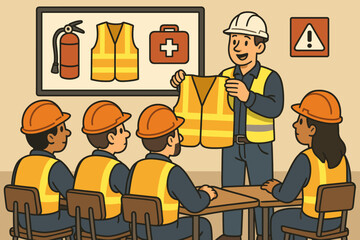 Workplace safety training session with an instructor teaching diverse construction workers. OHS seminar on personal protective equipment (PPE), first aid, and fire safety regulations.