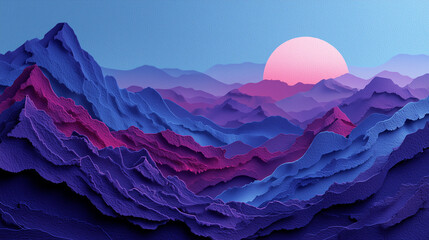 Fototapeta premium Stylized mountain landscape with layered 3D papercut effect, blue and purple hues, minimalist sky