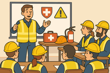 Safety training session in a classroom. Instructor teaching workers about occupational health and workplace safety. Briefing on emergency procedures, first aid, and fire safety.