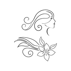 Elegant woman profile line drawing with floral design