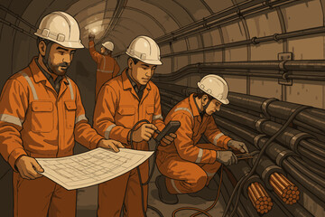 Industrial team of engineers and electricians working in a utility tunnel. Workers inspecting and repairing high-voltage power cables with blueprint and diagnostic tools.