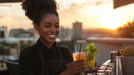 female bartender smiling, serving drinks at rooftop bar at sunset, elegant setting