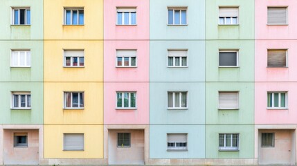 Vibrant multi-story building facade with cheerful pastel color palette featuring vertical stripes of light green, yellow, pink, and light blue. Four rows of windows with varying designs, some open wit