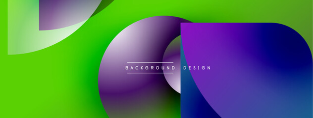 Abstract vibrant design. Overlapping shapes create dynamic gradient effect. Green, purple, blue hues dominate composition. Modern aesthetic.