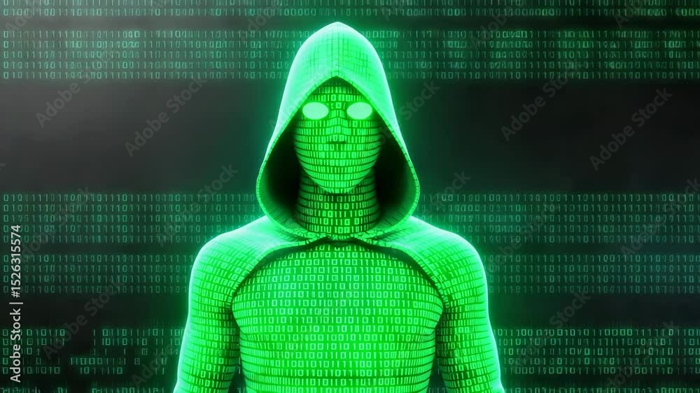 Poster A hooded figure made of glowing binary code stands against a dark background filled with digital numbers.