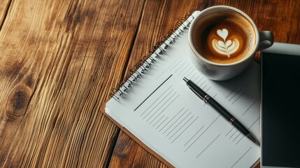 flat lay of notebook, pen, coffee, and digital tablet showing startup checklist, minimal aesthetic on wood table