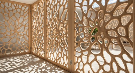 Hollowed wooden screen, interplay of light and shadow.