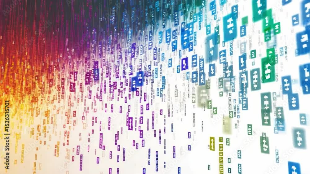 Poster digital rain of color: a vibrant cascade of binary code in a spectrum of colors streams downwards, s