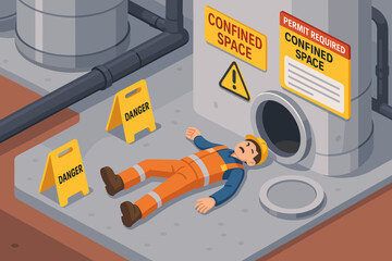 Confined space accident illustration. Unconscious worker lying on the ground. Industrial safety breach concept. Danger sign and permit required notice. Workplace hazard and risk.