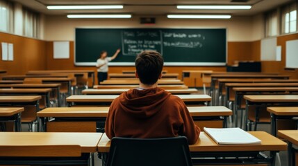 lecture-based high school classroom with rows of desks, teacher writing on board