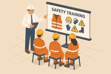 Safety training session with instructor explaining personal protective equipment to industrial workers. Occupational health and safety presentation concept with PPE icons. Isometric vector.