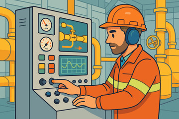 Engineer operating industrial machine at a factory control panel. Male worker monitoring production process. Manufacturing automation and technology concept with pipes and gauges.
