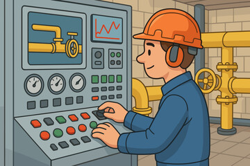 Engineer at industrial control panel. Operator managing factory machinery. Male worker in hard hat monitoring system performance. Technician at console with buttons and screens. Vector.