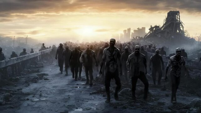 A large group of zombies walks through a devastated, post-apocalyptic cityscape at dusk, surrounded by destruction and ruins.