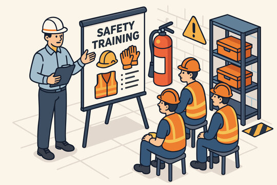Workplace safety training vector illustration. Instructor teaches construction workers about occupational health and safety regulations. Industrial seminar on PPE and accident prevention.