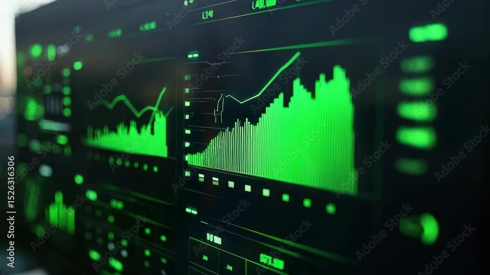 Poster a digital screen displays bright green financial charts with line and bar graphs, indicating real-ti