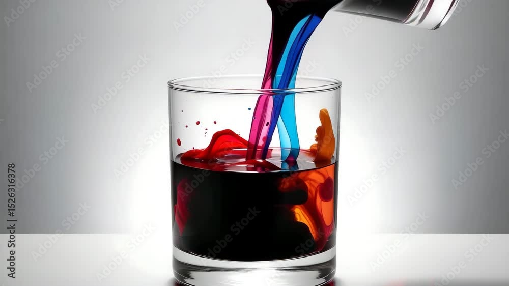 Poster a vibrant mixture of red, blue, and orange liquids is being poured into a clear glass, creating colo