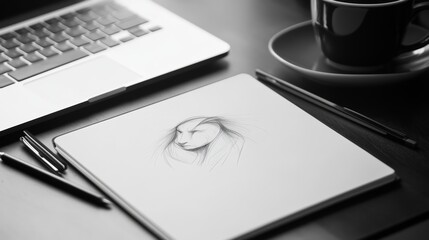 logo sketching and design process on notebook and digital tablet