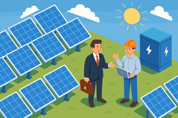 Engineer presenting solar power project to businessman investor. Consultation at solar farm with panels and battery storage. Renewable green energy and sustainable investment concept.