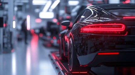 modern center for automotive innovation, engineers running diagnostics on car prototype, computers and sensors visible