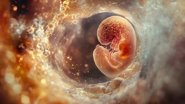 A developing human embryo floats in a glowing, fluid-filled environment inside the womb.