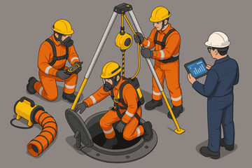 Confined space entry procedure with industrial workers team. Isometric vector showing safety protocol, gas detector, tripod rescue system, and ventilation for manhole inspection.