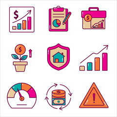 colorful finance icon set illustrating financial growth, reports, investments, savings, economic risk, security, money flow, and financial dashboards.