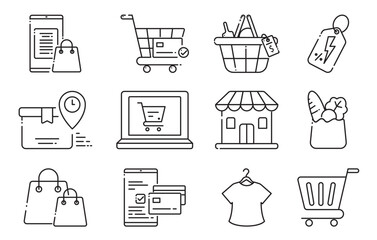 A set of icons representing online shopping and retail activities, featuring carts, smartphones, laptops, and payment methods. Perfect for digital commerce and e-commerce related designs.