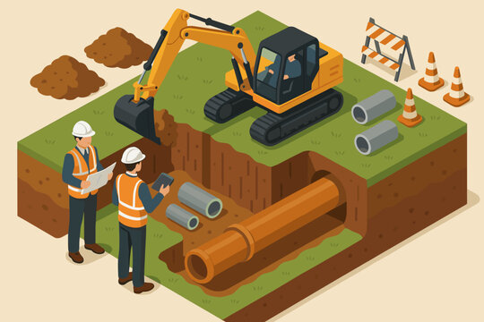 Isometric pipeline construction site concept. Engineers supervising excavator digging trench for underground water main or gas pipe. Infrastructure development and earthworks vector.