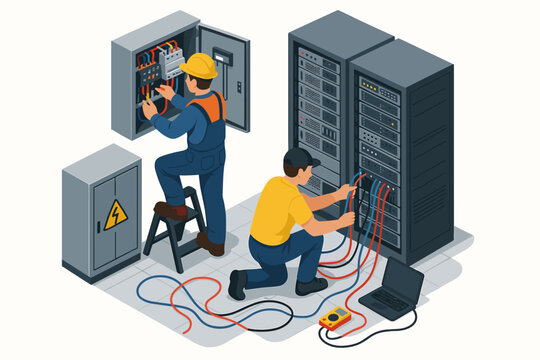 Isometric data center concept with IT technicians working. Engineer connecting server rack cables and electrician maintaining electrical panel. Network hardware installation and setup.