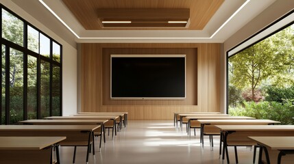 modern classroom interior with interactive smartboard and tech desks, minimalistic design, LED lighting