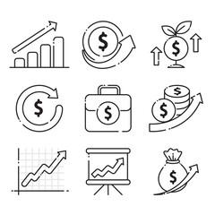 a clean line icon set financial concepts such as return on investment, business growth, and profit.
